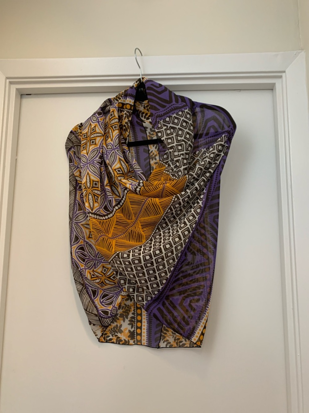 Patterned Geometric infinity Silk-Feel Scarf in Purple, Gold & Black